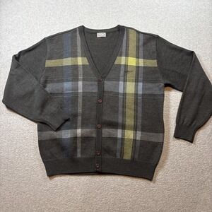 VTG CROCODILE Brand Men's Cardigan Sz 105 (L) Dark Gray Plaid Coloring Golf